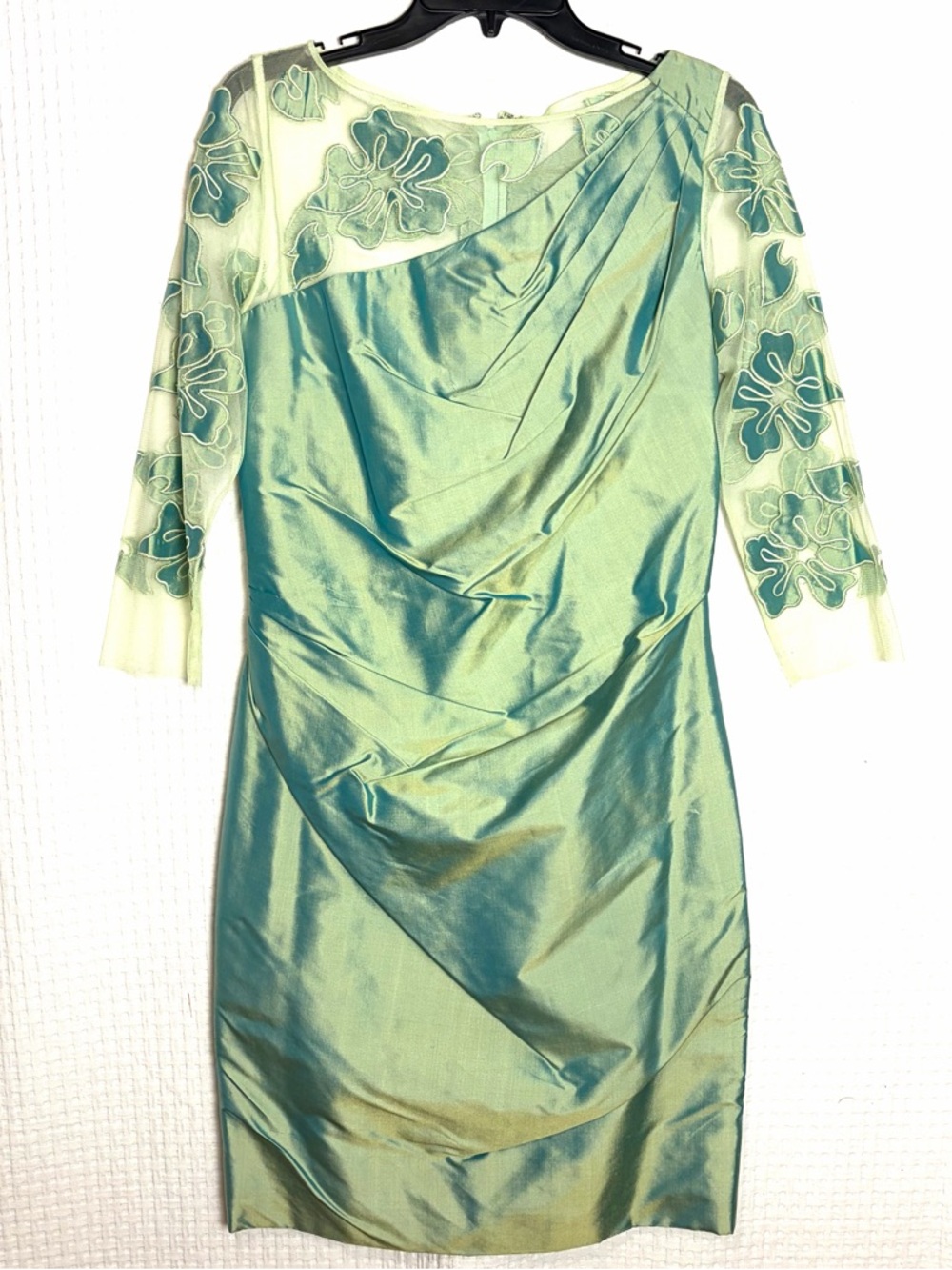 Marisa Baratelli Thai Silk 8 Green Dress Sheer Flower Appliqué Sleeve Ruched